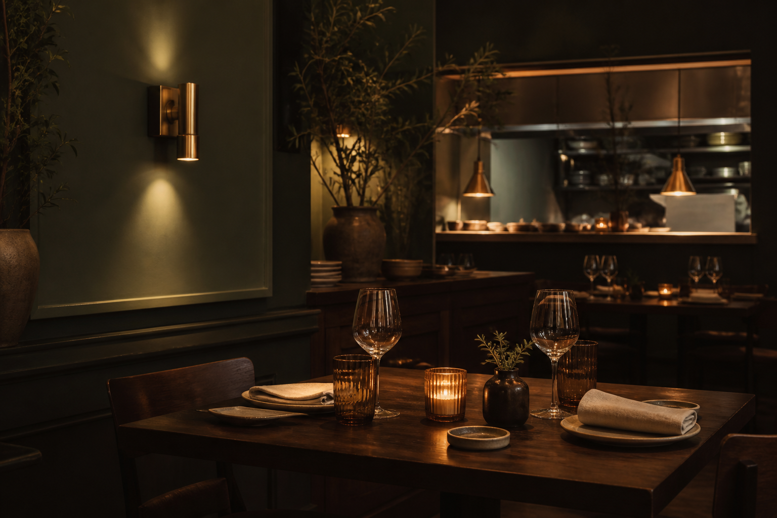 Ciepło oświetlona sala restauracji z nakrytym stołem